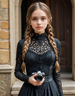 Highly detailed 8k digital photograph, full_body shot, front view, her front to the camera of 1girl, 24 year old, long brown braided hair girl, wearing 8th century servant clothing, castle in background.  Unreal Engine 5, extremely high quality RAW photograph, detailed background, intricate, Exquisite details and textures, highly detailed, ultra detailed photograph, warm lighting, 4k, sharp focus, high resolution, detailed skin, detailed eyes, 8k uhd, dslr, high quality, film grain,Extremely Realistic,