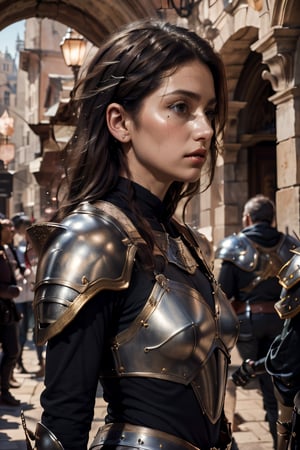 (profile view:1.3) age 20,photo of a beautiful woman, perfect fingers, subsurface scattering, detailed skin texture, textured skin, realistic dull skin noise, visible skin detail, skin fuzz, dry skin, exposed_face, (petite, photorealistic, photorealism:1.3), BREAK wearing full reddish armor, pouldrons, breastplate, buster sword, BREAK (upper_body frame:1.3), dynamic_pose, gdminteriorti luxury modern interior design, main hall, soft bounced lighting, rule_of_thirds, medieval armor,photo of perfecteyes eyes,perfecteyes eyes,Armor,armor