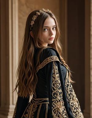 Highly detailed 8k digital photograph, full_body shot, front view, 24 year old, long brown braided hair girl, wearing 8th century servant clothing, castle in background.  Unreal Engine 5, extremely high quality RAW photograph, detailed background, intricate, Exquisite details and textures, highly detailed, ultra detailed photograph, warm lighting, 4k, sharp focus, high resolution, detailed skin, detailed eyes, 8k uhd, dslr, high quality, film grain,Extremely Realistic,