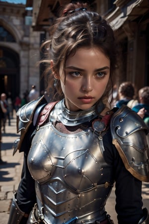 age 20,photo of a beautiful woman, perfect fingers, subsurface scattering, detailed skin texture, textured skin, realistic dull skin noise, visible skin detail, skin fuzz, dry skin, exposed_face, (petite, photorealistic, photorealism:1.3), BREAK wearing full reddish armor, pouldrons, breastplate, buster sword, BREAK (upper_body frame:1.3), dynamic_pose, gdminteriorti luxury modern interior design, main hall, soft bounced lighting, rule_of_thirds, medieval armor,photo of perfecteyes eyes,perfecteyes eyes,Armor,armor