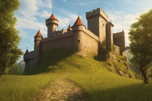 Medieval Castle, ground view, distance view, photo realistic