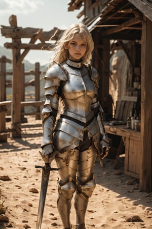 (full_body shot:1.4), age 20, photo of a beautiful woman, perfect fingers, subsurface scattering, detailed skin texture, textured skin, realistic dull skin noise, visible skin detail, skin fuzz, dry skin, exposed_face, (petite, photorealistic, photorealism:1.3), BREAK wearing full reddish armor, pauldrons, breastplate, buster sword, BREAK (upper_body frame:1.3), dynamic_pose, main hall, soft bounced lighting, rule_of_thirds, medieval armor,photo of perfecteyes eyes,perfecteyes eyes,oil painting,medieval-armor-girl,armor,xuer plate armor