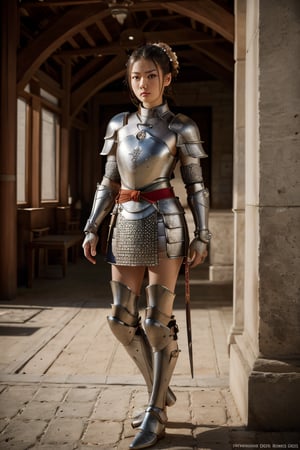 (full_body shot:1.4), age 20, photo of a beautiful woman, perfect fingers, subsurface scattering, detailed skin texture, textured skin, realistic dull skin noise, visible skin detail, skin fuzz, dry skin, exposed_face, (petite, photorealistic, photorealism:1.3), BREAK wearing full reddish armor, pauldrons, breastplate, buster sword, BREAK (upper_body frame:1.3), dynamic_pose, main hall, soft bounced lighting, rule_of_thirds, medieval armor,photo of perfecteyes eyes,perfecteyes eyes,Armor,armor,knight,xuer Ancient Chinese armor,medieval-armor-girl,Chinese general,xuer plate armor,samurai