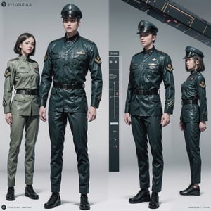 1girl and 1man, (wearing futuristic senior officer military uniform:1.4), (full_body shot:1.3), (side view:1.2), (character sheet:1.4), 
BREAK, european, slender,
BREAK, soothing tones, muted colors, high contrast, natural skin texture, hyperrealism, soft light, sharp,
BREAK, perfect eyes, hand, perfect fingers, Realistic, 
BREAK, white background,