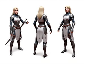 masterpiece, award winning, best quality, high quality, extremely detailed, cinematic shot, realistic, full body shot, female in fantasy medieval armor, character sheet, multiple views, white background,3d render