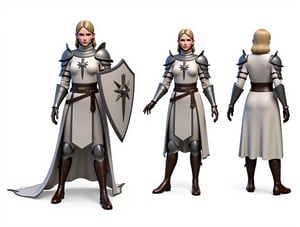 masterpiece, award winning, best quality, high quality, extremely detailed, cinematic shot, realistic, full body shot, female in fantasy medieval armor, character sheet, multiple views, white background,3d render