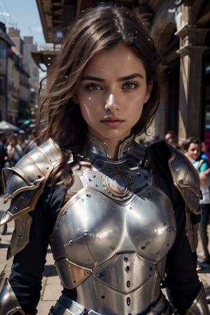 age 20,photo of a beautiful woman, perfect fingers, subsurface scattering, detailed skin texture, textured skin, realistic dull skin noise, visible skin detail, skin fuzz, dry skin, exposed_face, (petite, photorealistic, photorealism:1.3), BREAK wearing full reddish armor, pouldrons, breastplate, buster sword, BREAK (upper_body frame:1.3), dynamic_pose, gdminteriorti luxury modern interior design, main hall, soft bounced lighting, rule_of_thirds, medieval armor,photo of perfecteyes eyes,perfecteyes eyes,Armor,armor