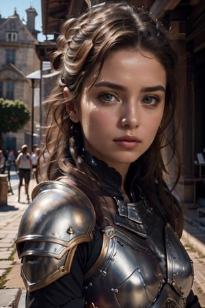 age 20,photo of a beautiful woman, perfect fingers, subsurface scattering, detailed skin texture, textured skin, realistic dull skin noise, visible skin detail, skin fuzz, dry skin, exposed_face, (petite, photorealistic, photorealism:1.3), BREAK wearing full reddish armor, pouldrons, breastplate, buster sword, BREAK (upper_body frame:1.3), dynamic_pose, gdminteriorti luxury modern interior design, main hall, soft bounced lighting, rule_of_thirds, medieval armor,photo of perfecteyes eyes,perfecteyes eyes,Armor,armor