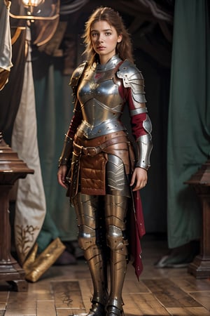(full_body shot:1.4), age 20, photo of a beautiful woman, perfect fingers, subsurface scattering, detailed skin texture, textured skin, realistic dull skin noise, visible skin detail, skin fuzz, dry skin, exposed_face, (petite, photorealistic, photorealism:1.3), BREAK wearing full reddish armor, pauldrons, breastplate, buster sword, BREAK (upper_body frame:1.3), dynamic_pose, main hall, soft bounced lighting, rule_of_thirds, medieval armor,photo of perfecteyes eyes,perfecteyes eyes,oil painting,medieval-armor-girl,armor