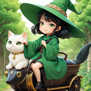 (( Riding a giant fat fluffy cat )), shining eyes, twin braid, black hair, parted bangs, little girl, 10 years old, simple green witch's big hat and green robe, ,LegendDarkFantasy,DonMB4nsh33XL ,chibi,cute comic,chinese girls