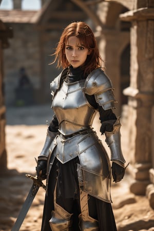 (full_body shot:1.4), age 20, photo of a beautiful woman, perfect fingers, subsurface scattering, detailed skin texture, textured skin, realistic dull skin noise, visible skin detail, skin fuzz, dry skin, exposed_face, (petite, photorealistic, photorealism:1.3), BREAK wearing full reddish armor, pauldrons, breastplate, buster sword, BREAK (upper_body frame:1.3), dynamic_pose, main hall, soft bounced lighting, rule_of_thirds, medieval armor,photo of perfecteyes eyes,perfecteyes eyes,oil painting,medieval-armor-girl,armor,xuer plate armor