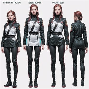 1girl, (wearing white-red futuristic senior officer military uniform:1.4), (full_body shot:1.3), (side view:1.2), (character sheet:1.4), 
BREAK, braided red hair, european, slender,
BREAK, soothing tones, muted colors, high contrast, natural skin texture, hyperrealism, soft light, sharp,
BREAK, perfect eyes, hand, perfect fingers, Realistic, 
BREAK, white background,