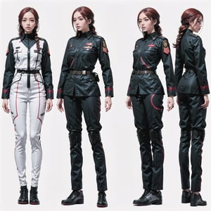 1girl, (wearing white-red futuristic senior officer military uniform:1.4), (full_body shot:1.3), (side view:1.2), (character sheet:1.4), 
BREAK, braided red hair, european, slender,
BREAK, soothing tones, muted colors, high contrast, natural skin texture, hyperrealism, soft light, sharp,
BREAK, perfect eyes, hand, perfect fingers, Realistic, 
BREAK, white background,