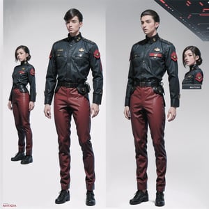 1girl and 1man, (wearing white-red futuristic senior officer military uniform:1.4), (full_body shot:1.3), (side view:1.2), (character sheet:1.4), 
BREAK, european, slender,
BREAK, soothing tones, muted colors, high contrast, natural skin texture, hyperrealism, soft light, sharp,
BREAK, perfect eyes, hand, perfect fingers, Realistic, 
BREAK, white background,