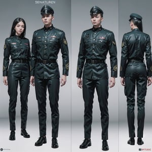 1girl and 1man, (wearing futuristic senior officer military uniform:1.4), (full_body shot:1.3), (side view:1.2), (character sheet:1.4), 
BREAK, european, slender,
BREAK, soothing tones, muted colors, high contrast, natural skin texture, hyperrealism, soft light, sharp,
BREAK, perfect eyes, hand, perfect fingers, Realistic, 
BREAK, white background,