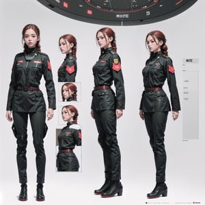 1girl, (wearing white-red futuristic senior officer military uniform:1.4), (full_body shot:1.3), (side view:1.2), (character sheet:1.4), 
BREAK, braided red hair, european, slender,
BREAK, soothing tones, muted colors, high contrast, natural skin texture, hyperrealism, soft light, sharp,
BREAK, perfect eyes, hand, perfect fingers, Realistic, 
BREAK, white background,