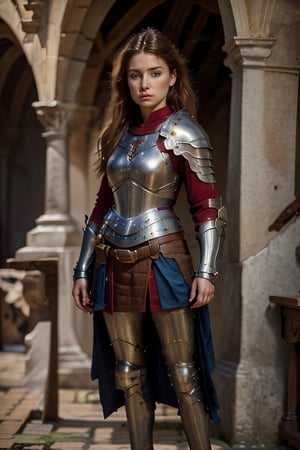 (full_body shot:1.4), age 20, photo of a beautiful woman, perfect fingers, subsurface scattering, detailed skin texture, textured skin, realistic dull skin noise, visible skin detail, skin fuzz, dry skin, exposed_face, (petite, photorealistic, photorealism:1.3), BREAK wearing full reddish armor, pauldrons, breastplate, buster sword, BREAK (upper_body frame:1.3), dynamic_pose, main hall, soft bounced lighting, rule_of_thirds, medieval armor,photo of perfecteyes eyes,perfecteyes eyes,oil painting,medieval-armor-girl,armor