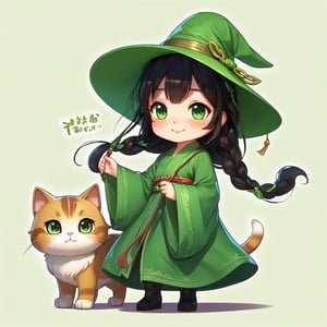 (( Riding a giant fat fluffy cat )), shining eyes, twin braid, black hair, parted bangs, little girl, 10 years old, simple green witch's big hat and green robe, ,LegendDarkFantasy,DonMB4nsh33XL ,chibi,cute comic,chinese girls