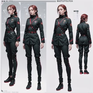 1girl, (wearing white-red futuristic senior officer military uniform:1.4), (full_body shot:1.3), (side view:1.2), (character sheet:1.4), 
BREAK, braided red hair, european, slender,
BREAK, soothing tones, muted colors, high contrast, natural skin texture, hyperrealism, soft light, sharp,
BREAK, perfect eyes, hand, perfect fingers, Realistic, 
BREAK, white background,