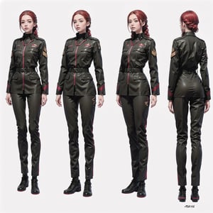 1girl, (wearing white-red futuristic senior officer military uniform:1.4), (full_body shot:1.3), (side view:1.2), (character sheet:1.4), 
BREAK, braided red hair, european, slender,
BREAK, soothing tones, muted colors, high contrast, natural skin texture, hyperrealism, soft light, sharp,
BREAK, perfect eyes, hand, perfect fingers, Realistic, 
BREAK, white background,