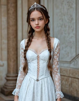 Highly detailed 8k digital photograph, full_body shot, front view, her front to the camera of 1girl, 24 year old, long brown braided hair girl, wearing servant clothing, castle in background.  Unreal Engine 5, extremely high quality RAW photograph, detailed background, intricate, Exquisite details and textures, highly detailed, ultra detailed photograph, warm lighting, 4k, sharp focus, high resolution, detailed skin, detailed eyes, 8k uhd, dslr, high quality, film grain,Extremely Realistic,