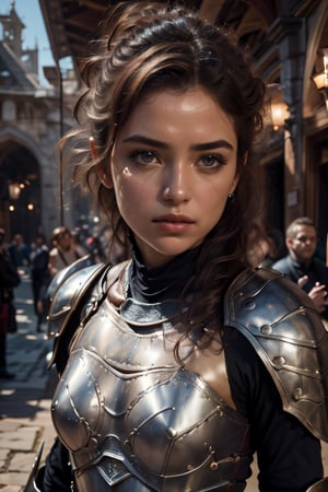 age 20,photo of a beautiful woman, perfect fingers, subsurface scattering, detailed skin texture, textured skin, realistic dull skin noise, visible skin detail, skin fuzz, dry skin, exposed_face, (petite, photorealistic, photorealism:1.3), BREAK wearing full reddish armor, pouldrons, breastplate, buster sword, BREAK (upper_body frame:1.3), dynamic_pose, gdminteriorti luxury modern interior design, main hall, soft bounced lighting, rule_of_thirds, medieval armor,photo of perfecteyes eyes,perfecteyes eyes,Armor,armor