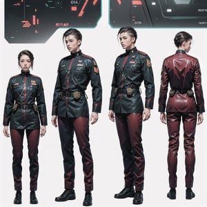 1girl and 1man, (wearing white-red futuristic senior officer military uniform:1.4), (full_body shot:1.3), (side view:1.2), (character sheet:1.4), 
BREAK, european, slender,
BREAK, soothing tones, muted colors, high contrast, natural skin texture, hyperrealism, soft light, sharp,
BREAK, perfect eyes, hand, perfect fingers, Realistic, 
BREAK, white background,