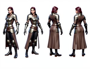 masterpiece, award winning, best quality, high quality, extremely detailed, cinematic shot, realistic, full body shot, female in fantasy medieval armor, character sheet, multiple views, white background,3d render