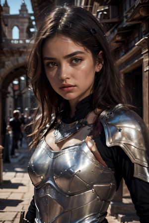 age 20,photo of a beautiful woman, perfect fingers, subsurface scattering, detailed skin texture, textured skin, realistic dull skin noise, visible skin detail, skin fuzz, dry skin, exposed_face, (petite, photorealistic, photorealism:1.3), BREAK wearing full reddish armor, pouldrons, breastplate, buster sword, BREAK (upper_body frame:1.3), dynamic_pose, gdminteriorti luxury modern interior design, main hall, soft bounced lighting, rule_of_thirds, medieval armor,photo of perfecteyes eyes,perfecteyes eyes,Armor,armor