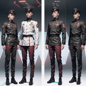 1girl and 1man, (wearing white-red futuristic senior officer military uniform:1.4), (full_body shot:1.3), (side view:1.2), (character sheet:1.4), 
BREAK, european, slender,
BREAK, soothing tones, muted colors, high contrast, natural skin texture, hyperrealism, soft light, sharp,
BREAK, perfect eyes, hand, perfect fingers, Realistic, 
BREAK, white background,