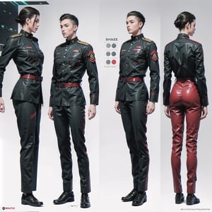 1girl and 1man, (wearing white-red futuristic senior officer military uniform:1.4), (full_body shot:1.3), (side view:1.2), (character sheet:1.4), 
BREAK, european, slender,
BREAK, soothing tones, muted colors, high contrast, natural skin texture, hyperrealism, soft light, sharp,
BREAK, perfect eyes, hand, perfect fingers, Realistic, 
BREAK, white background,