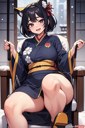 best quality,intricate details,1 girl,black hair, (thick eyeblow::1.4),dark,(long eyelash::1.6),fore head,short hair,black color japanese traditional embroidery kimono,embroidered on kimono,curvy body,t,winter,blash,portrait,Sexy woman,looking at viewer with smile,happy,(open mouth::1.4),nighit,snow,Rock and roll,fox girl hot ,sexy,boobs ,sitting on a chair,logo cyber sole,logo cyber sole neon blue and yellow