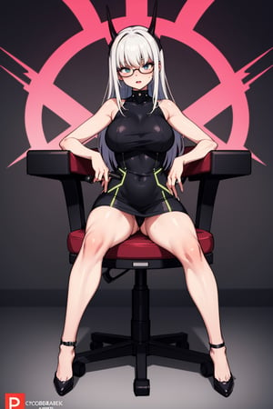 #WHITE HAIR,#LONG HAIR,anime,hot,sexy,hot bigger boobs,horny,glasses,short dress,sexy high heels,standing straight armsout looking at you,logo,cyber park style,inside the logo text will be cyber soul in cyber punk style,girl is sitting on a chair holding a sci fi gun,legs are cross and sitting in a sexy pose