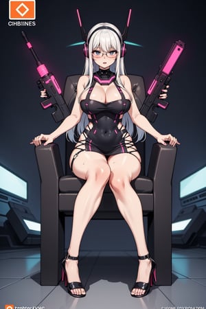 #WHITE HAIR,#LONG HAIR,anime,hot,sexy,hot bigger boobs,horny,glasses,short dress,sexy high heels,standing straight armsout looking at you,logo,cyber park style,(inside the logo text will be cyber soul in cyber punk style:1.1),(girl is sitting on a chair holding a sci fi gun:1),(legs are cross and sitting in a sexy pose:1.1)