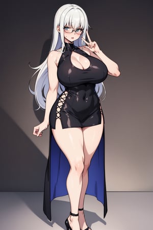 #WHITE HAIR,#LONG HAIR,anime,hot,sexy,hot bigger boobs,horny ,glasses,short dress,sexy high heels,standing straight armsout looking at you