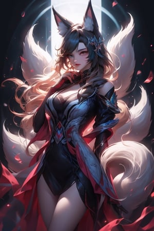 tall,willowy,beautiful,long flowing blonde hair,long eyelashes,and narrow eyes,ahri,yukong,She is best known for wearing a black dress coat with a long black hat and boots,kitsune girl,very long hair girl,girl holding a gun,4k,trending in art station,masterpiece,An intricately illustrated masterpiece of the highest quality,featuring detailed and expressive eyes,The background showcases beautiful ciites,facial mark,High detailed,SAM YANG,fox tail,fox gir,kitsune,kitsune tails,multiple tails,fox ears,kitsune ears,blonde hair, breast rest,fox,fox ears,huge breasts,one breast out,eyes,smile ,1girl,9tail fox,yaohu