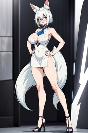 #WHITE HAIR,anime,hot,sexy,hot bigger boobs,horny ,glasses,short dress,sexy high heels,standing straight armsout looking at you,fox girl,short blue hair