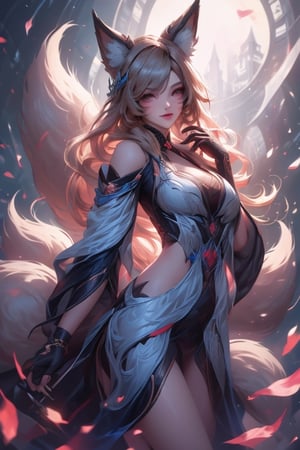 tall,willowy,beautiful,long flowing blonde hair,long eyelashes,and narrow eyes,ahri,yukong,She is best known for wearing a black dress coat with a long black hat and boots,kitsune girl,very long hair girl,girl holding a gun,4k,trending in art station,masterpiece,An intricately illustrated masterpiece of the highest quality,featuring detailed and expressive eyes,The background showcases beautiful ciites,facial mark,High detailed,SAM YANG,fox tail,fox gir,kitsune,kitsune tails,multiple tails,fox ears,kitsune ears,blonde hair,breast rest,fox,fox ears,huge breasts,one breast out,eyes,smile,1girl,9tail fox,yaohu