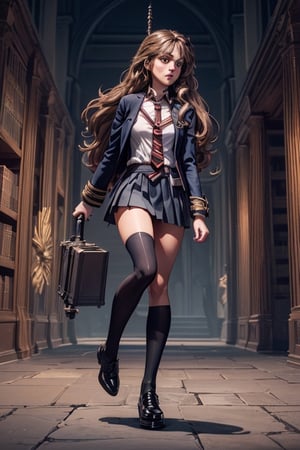 high quality)) ((4k)) (masterpiece) (cinematic lighting) (3d realistic),((low angle,low horizon)) ((full body)),,((luxury old library background)),,((detailed face)) ((detailed body)) (smiley) beautiful cute sexy adult ((((Hermione Granger)))) ((with brown loose hair)) with ((perfect shiny large eyes)) (perfect red thick lips) perfect  smooth athletic body and  ((big sized breast)) and ((perfect hands and fingers)) and (strong legs),,((standing))  (body facing to front,looking to camera),,wearing ((white shirt,striped necktie,dark blue open blazer)) and ((dark blue skimpy skirt)) and (((dark blue knee-high socks))) and (((heeled black shoes