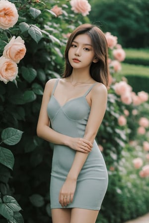 20 years old girl wear tight short dress in the rose garden