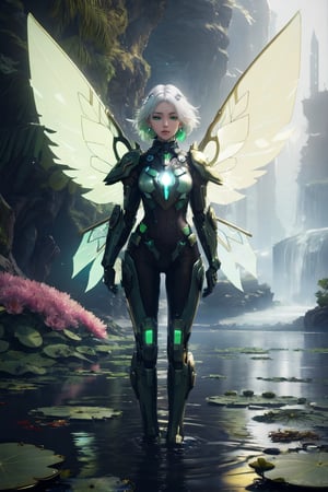 (masterpiece, best quality:1.2),1 woman, solo, short hair, white hair, gold hair, Blue eyes, jewellery, sitting, closed mouth, flower, earrings, wings, artist name, water, armour, lips, bodysuit, glowing, looking away, nose, fairy wings,(( green colour mechanical wings)), + futuristic futuristic wings really high degrees hi tech wins ,standing pose, ((standing on the water)),   lily pad, lotus, spread wings, mecha musume, Masterpiece, colours, 3d octane render, 4k, concept art, trending on artstation, hyperrealistic, Vivid colours, extremely detailed,(front light:1.5)unity 8k wallpaper, trending on ArtStation, trending on CGSociety, Intricate, High Detail, dramatic,(super detailed), (beautiful background, detailed background),