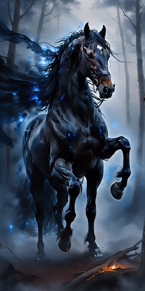 Abstract painting of a Highly detailed powerful Black horse, a living woods against a backdrop fog, standing majestically, illuminated, focused on the character,  Hue of Blue ink