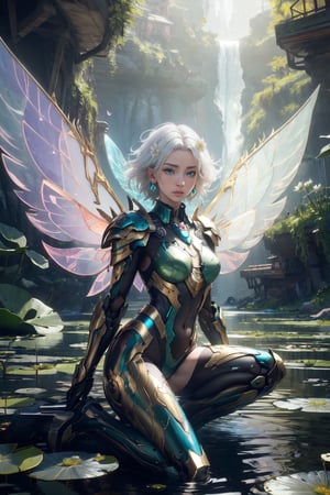 (masterpiece, best quality:1.2),1 woman, solo, short hair, white hair, gold hair, Blue eyes, jewellery, sitting, closed mouth, flower, earrings, wings, artist name, water, armour, lips, bodysuit, glowing, looking away, nose, fairy wings, green colour mechanical wings, standing pose, standing on the water,   lily pad, lotus, spread wings, mecha musume, Masterpiece, colours, 3d octane render, 4k, concept art, trending on artstation, hyperrealistic, Vivid colours, extremely detailed,(front light:1.5)unity 8k wallpaper, trending on ArtStation, trending on CGSociety, Intricate, High Detail, dramatic,(super detailed), (beautiful background, detailed background),