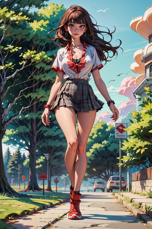 1 Girl, full body, curvy body, high quality, masterpiece, ultra-high resolution, looking at viewers, real skin textures, realistic eyes and face details, cleavage, breasts, soft makeup, long gray hair, straight hair, light brown eyes, short skirt, nature background, plaid skirts, red tight short T-shirt, bangs, detailed eyes, perfect hands, perfect feet, hdr, 4k, 8k, ultra HD