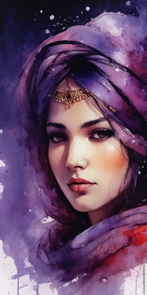 (masterpiece, high quality, 8K, high_res), ((Beautiful Indian deva woman with a head scarf around her head)), long earrings handing, face is facing the camera, view from hip to head,
She is a love that has no end. She is deadly if you hate her. She  was love at first sight, face in the centre, ((looking at the viewer)), Abstract portrait of a beautiful woman's face, a blend of red & purple  ink drawing, splash style, dramatic, melancholic,  romantic, watercolour painting, loving, elegant, beautiful, inspired by Henry Asencio, ,portraitart,portrait art style,night city