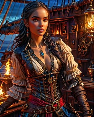 (masterpiece, best quality), (4k), (1700s Pirate), a sexy female pirate, hourglass body, (nice chest), tattoo sleeve on her left arm, pirate clothing and attire, braided black hair, (beautiful eyes), 1700s pirate visuals, 1700s pirate scenery, on board a 1700s pirate ship, vibrant lighting, (looking seductively at the viewer),