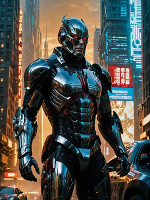A futuristic super hero stands tall, full-body portrait in polished chrome armor with intricate gold and burgundy accents. blue eyes pierce through the darkness, illuminating a cityscape at dusk. Craig Mullins and H.R. Giger's character design brings forth a sense of otherworldly strength. Realistic digital painting captures every detail, from the armored suit to the subject's determined pose. Cinematic lighting highlights the hero's figure against a misty blue-gray sky, as if suspended in mid-air. A 4K resolution masterpiece, this portrait embodies the essence of futuristic super heroism.,robot,skpleonardostyle,Red mecha,Movie Still