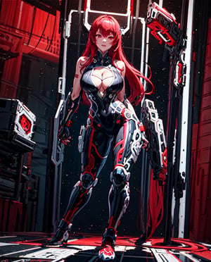 masterpiece,  best quality, 1girl, solo, large breasts, bare arms,  outdoors,  night  sky, sitting, looking at the viewer, cleavage cutout,  steel armor, long hair, bangs, red eyes, red hair, High detailed, Epic Logo, Cyberpunk, High detailed full body, Head to feet