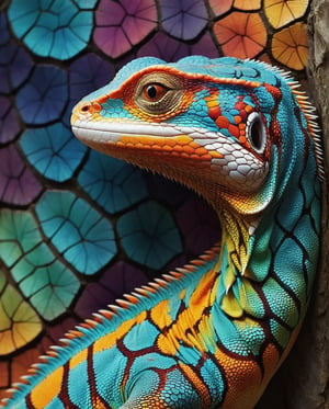 Create a unique and vibrant design featuring a lizard with intricate fractal symmetrical patterns painted on its skin. The patterns should use bright and attractive colours, creating a stunning and eye-catching appearance. The lizard should be posed in various interesting positions to highlight the detailed and colourful fractal designs. The background should be out of focus, BrokenIR