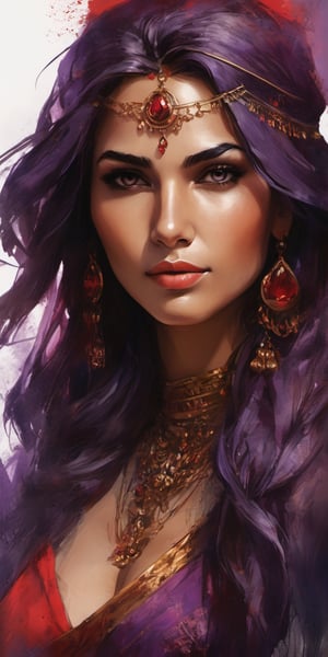 (masterpiece, high quality, 8K, high_res), ((Beautiful Indian deva woman with a laboratory-designed Red silk head designer scarf around her head)), long earrings hanging, the face is facing the camera, ((Front view of the face)), ((very bold look)), Light brown eyes,
She is a love that has no end. She is deadly if you hate her. She  was love at first sight, face in the centre, ((looking at the viewer)), Abstract portrait of a beautiful woman's face, a blend of red & purple  ink drawing, splash style, dramatic, melancholic,  romantic,  loving, elegant, beautiful, inspired by Henry Asencio,